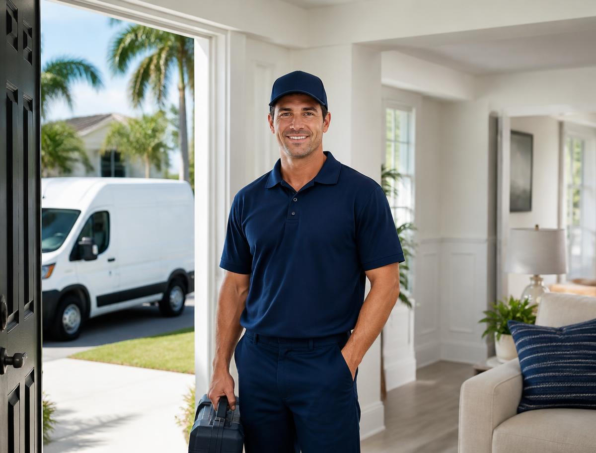 Uniformed restoration technician standing in a bright restored Florida home with a service van outside