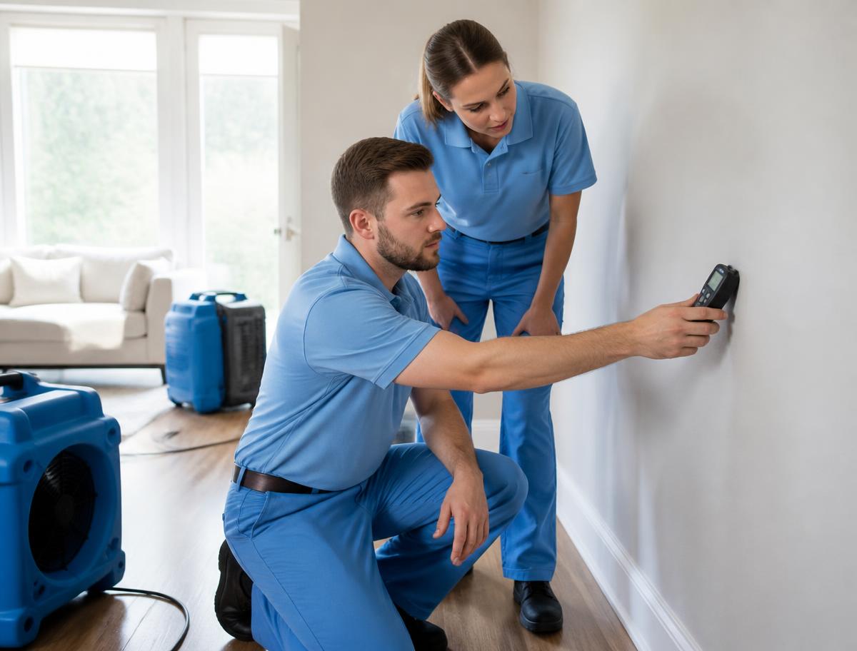 Two technicians checking a bright interior wall with a moisture meter